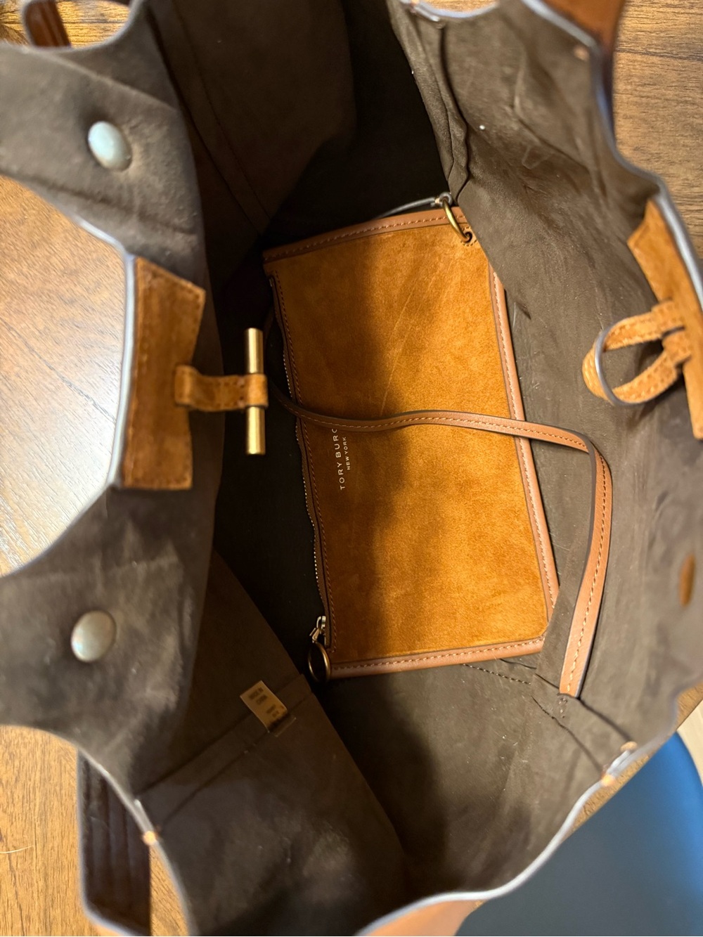 Tory Burch Brown Suede & Leather Shoulder Tote with Gold Hardware - Picture 3 of 5